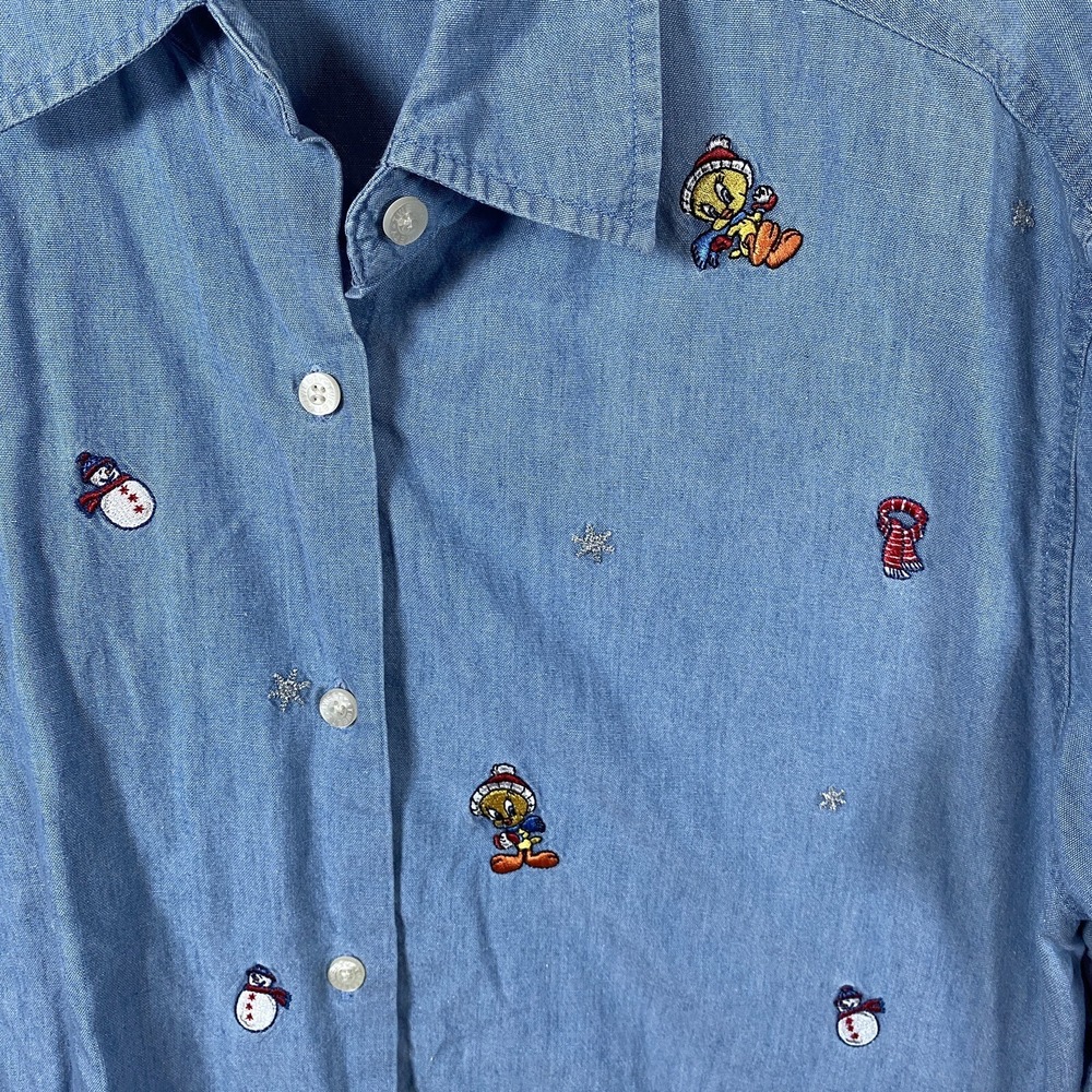 Warner Bros. Small Tweety‎ Bird Christmas Embroidered Chambray Blue Shirt Tunic